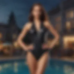A stylish high legged one piece swimsuit on a model