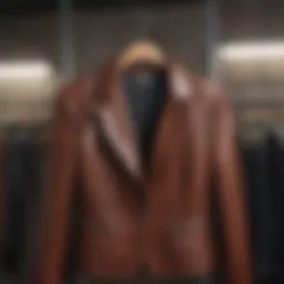 Elegant ladies leather blazer displayed on a hanger