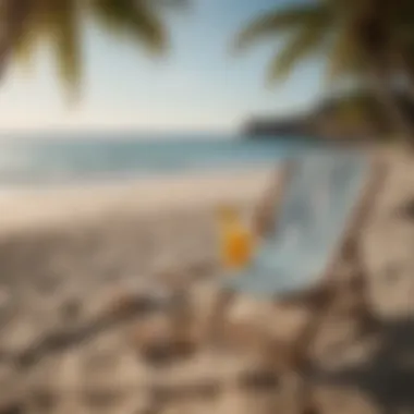 A cozy beach chair with an open book and a refreshing drink