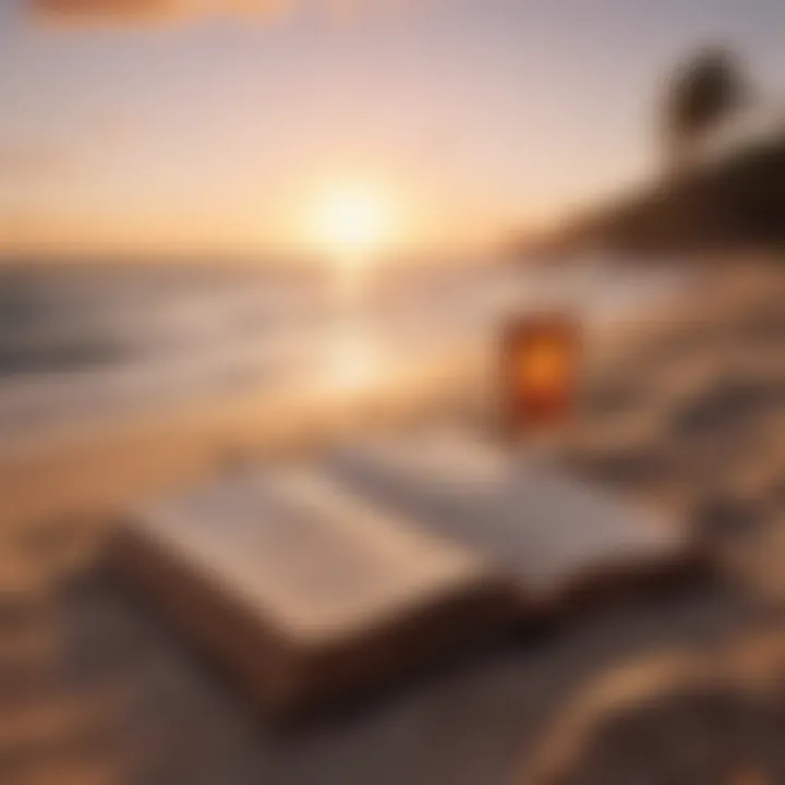 An inviting sunset view over a beach with an open book