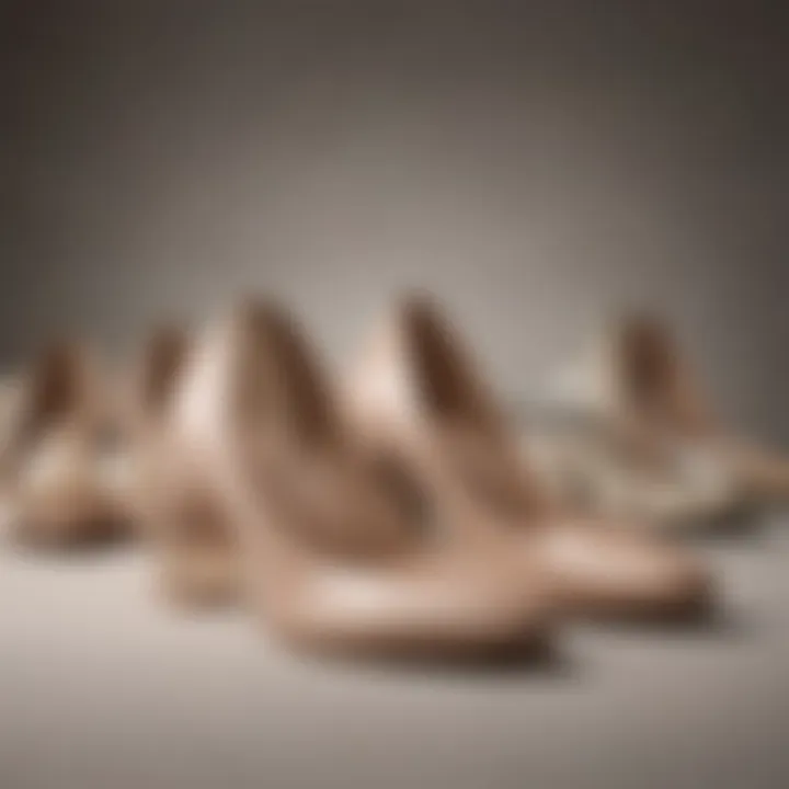 Different styles of neutral flat shoes displayed on a soft fabric