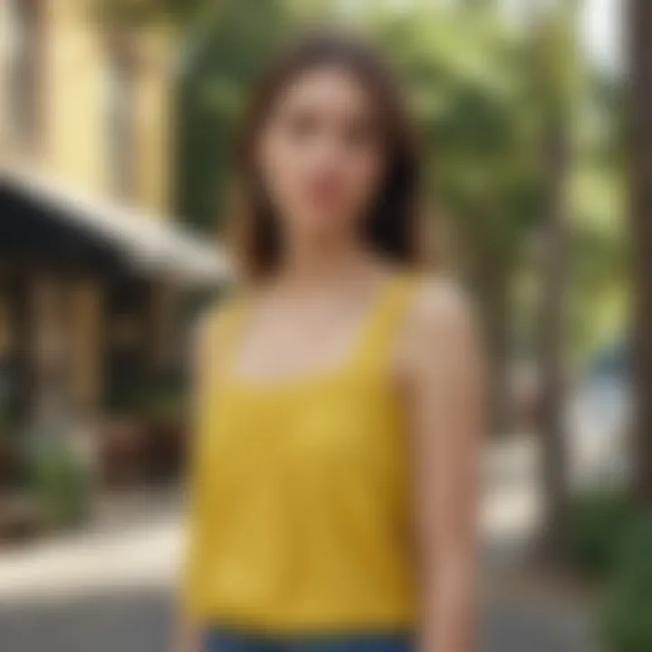 Model showcasing the Madewell yellow top in a casual outdoor setting