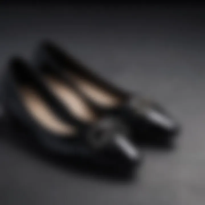 Close-up of luxurious materials used in black flat shoes