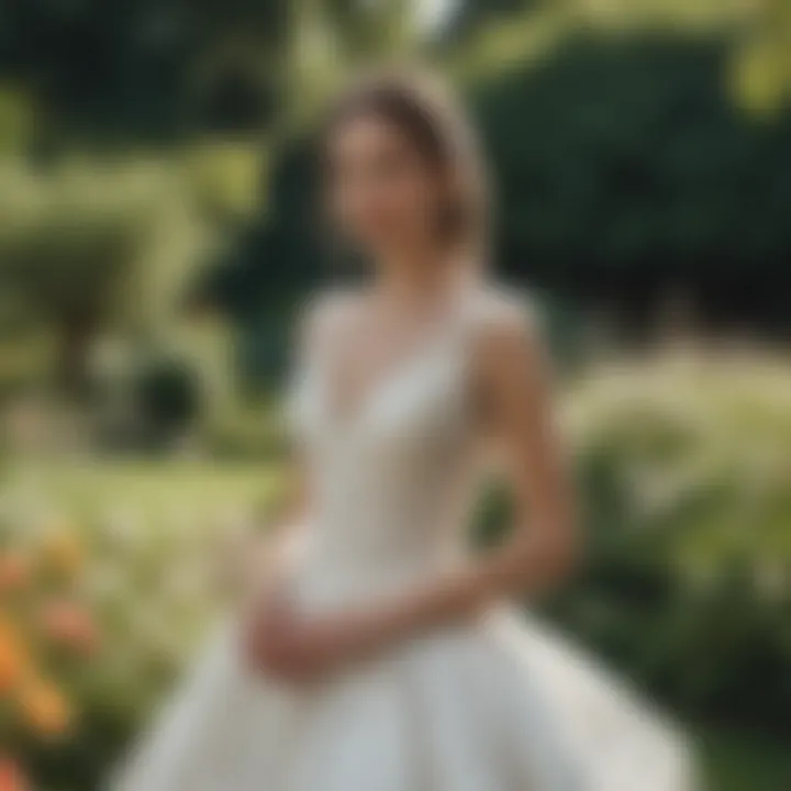 A beautifully styled bride wearing a vintage designer gown in a lush garden setting.