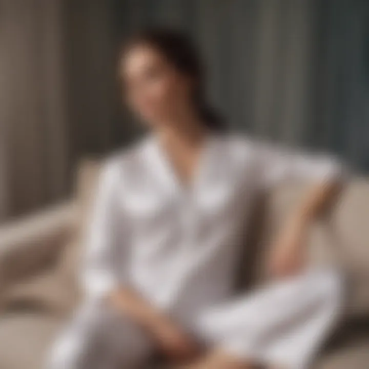 Stylish woman lounging in white silk pajamas, radiating comfort
