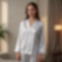 Elegant white silk pajama set displayed on a serene background
