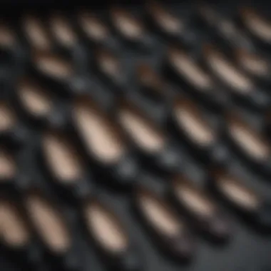 Different styles of black ballet shoes on display