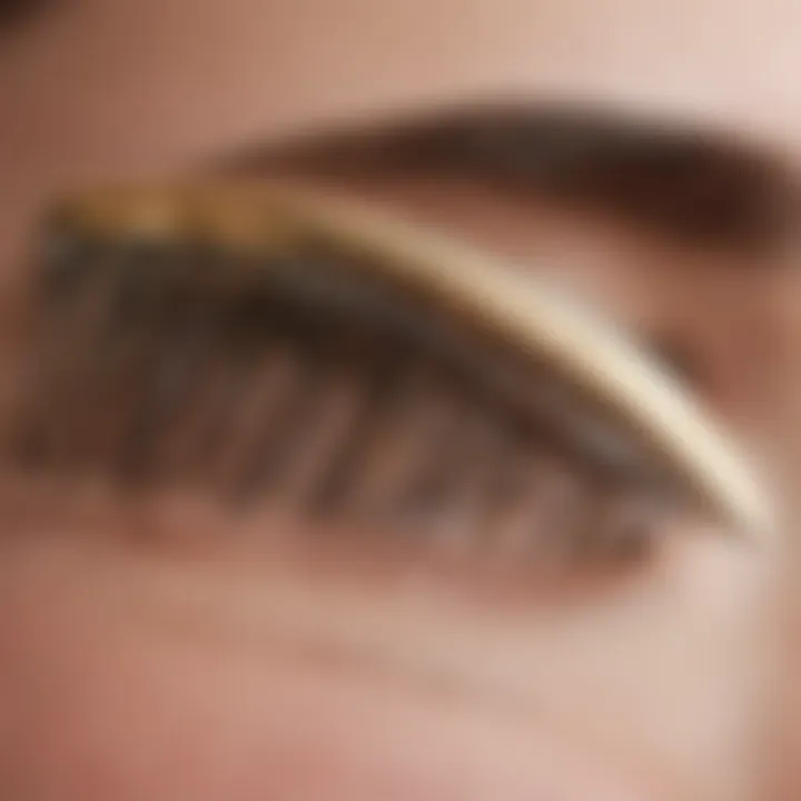 Close-up view of a finely crafted eyebrow lamination comb showcasing its unique design and bristle arrangement.