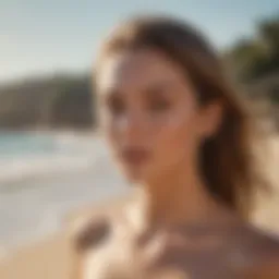 A serene beach scene showcasing a pale-skinned individual enjoying the sun with a natural tan.