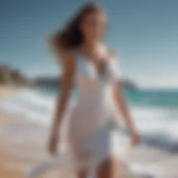 Elegant fitted beach dress flowing in the ocean breeze