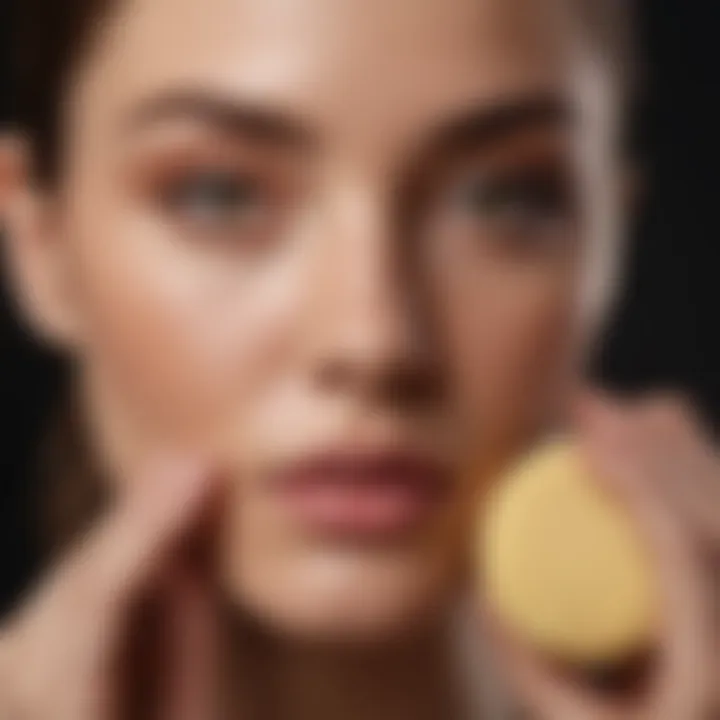 A professional applying foundation using a makeup sponge, emphasizing technique.