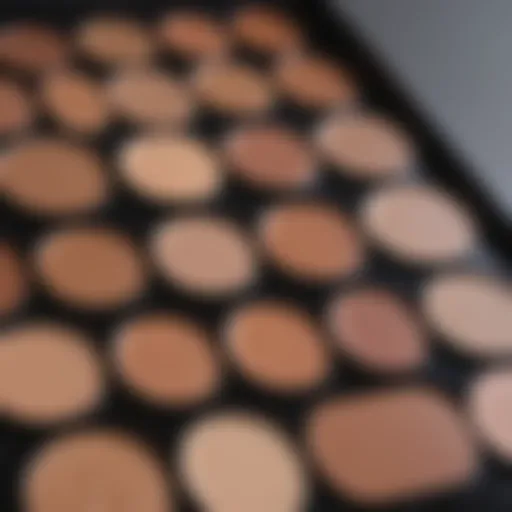 A close-up of diverse foundation swatches on a palette showcasing a range of skin tones.
