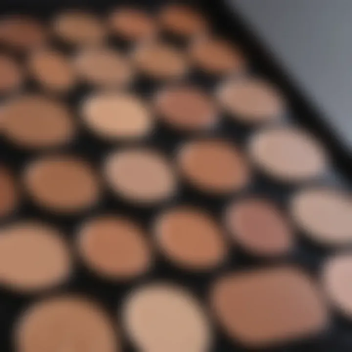 A close-up of diverse foundation swatches on a palette showcasing a range of skin tones.