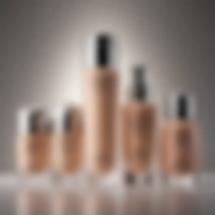 An elegant display of tinted moisturizers and liquid foundations with natural light.