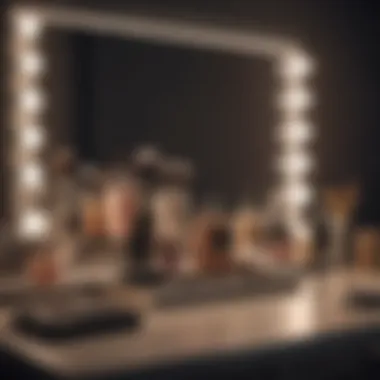 A stylish vanity setup featuring various foundation types and beauty tools.