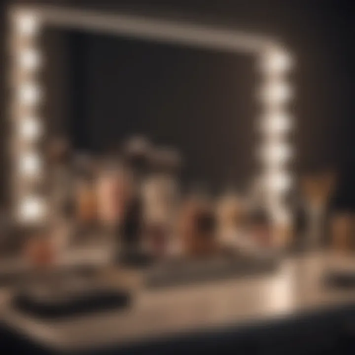 A stylish vanity setup featuring various foundation types and beauty tools.