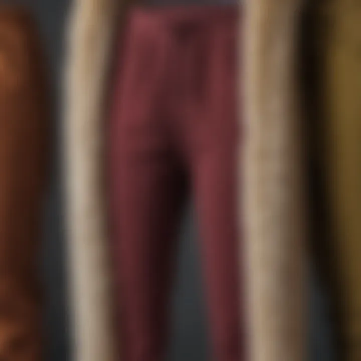 A collection of fur lined sweat pants in various colors and styles arranged aesthetically.