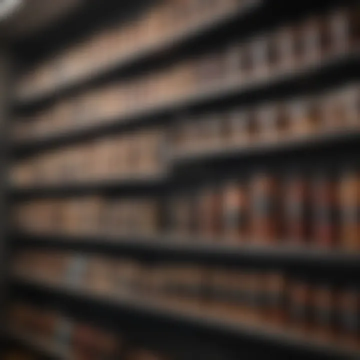 A variety of hair growth products displayed on a shelf