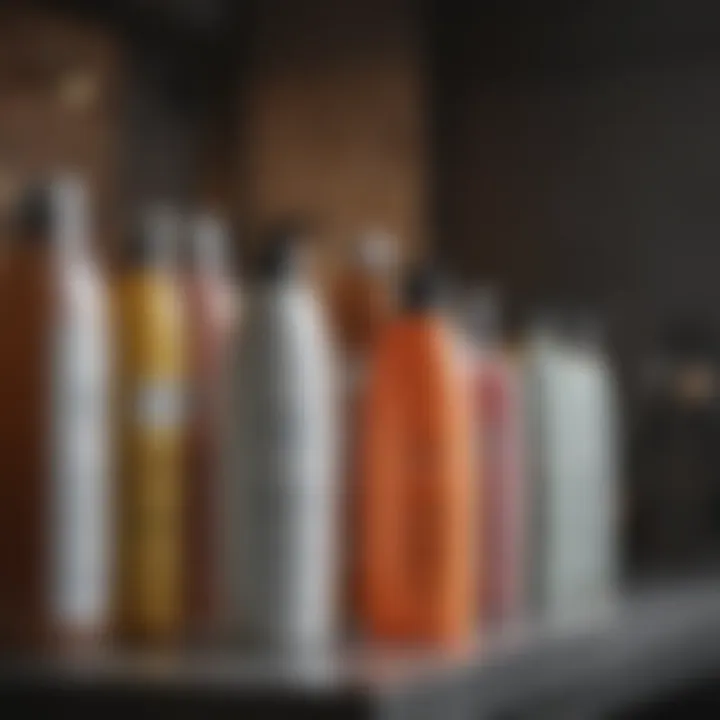 A display of various shampoo bottles labeled with harmful ingredients.