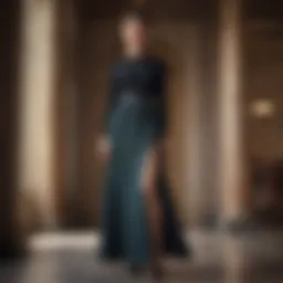 Elegant long skirt with dual side slits displayed in a stylish setting
