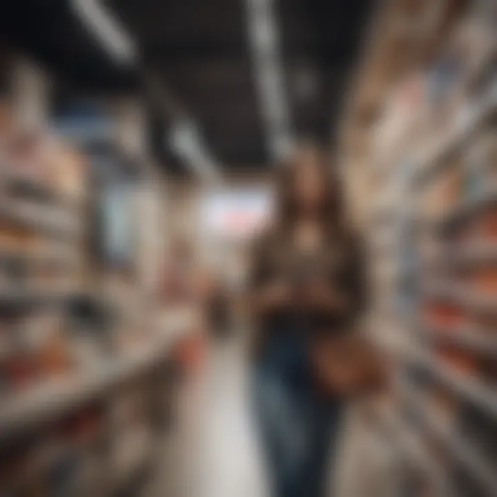 A shopper enthusiastically browsing through various promotional materials in a retail environment.