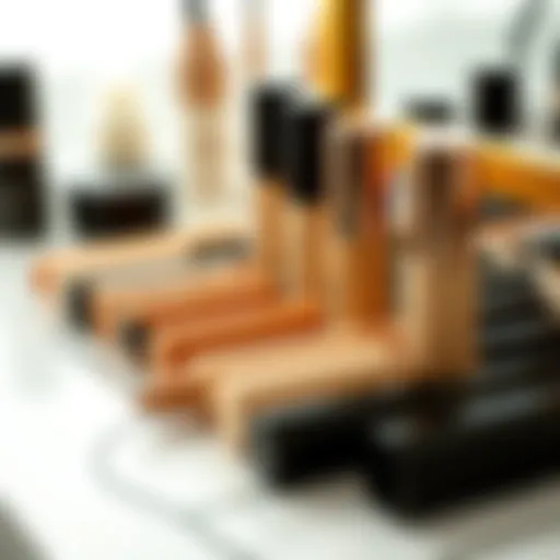 Close-up of various concealer shades arranged aesthetically on a vanity.