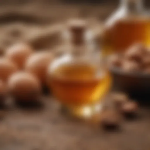 Close-up of argan nuts and oil