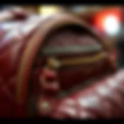 A close-up view of Moncler bookbag craftsmanship detailing the stitching and materials