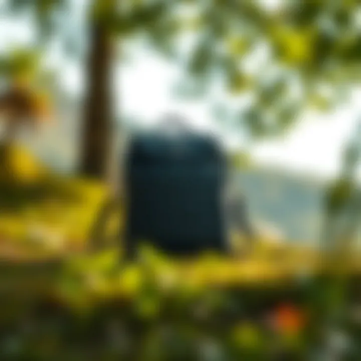 A Moncler bookbag placed in a natural setting, symbolizing sustainability