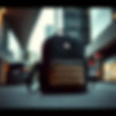 A stylish Moncler bookbag showcased against a modern urban backdrop