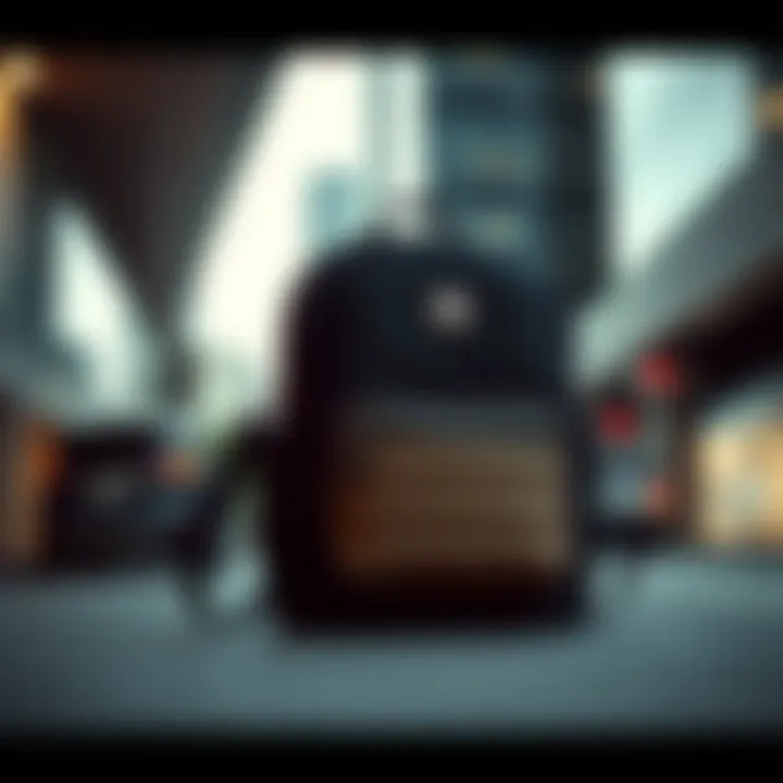 A stylish Moncler bookbag showcased against a modern urban backdrop