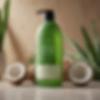 A serene bottle of moisturizing shampoo surrounded by natural ingredients like aloe vera and coconut oil.