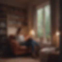 A young adult immersed in reading a book in a cozy nook