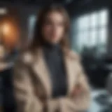 A professional woman showcasing a layered winter outfit in a cozy office environment.
