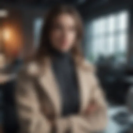 A professional woman showcasing a layered winter outfit in a cozy office environment.