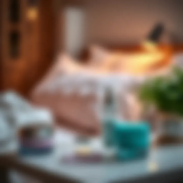 Nighttime Skincare Routine Serene bedroom setting with skincare products on a nightstand