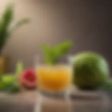 Noni juice in a glass with fruit in the background