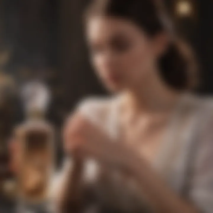 An elegant woman applying perfume in a graceful manner