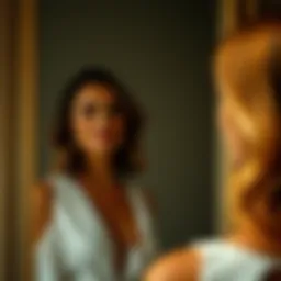 A serene reflection of a woman looking at herself in the mirror, embodying transformation and confidence.
