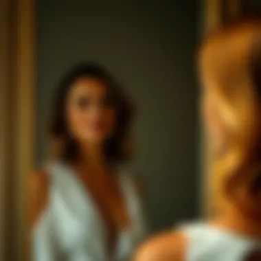 Journey of Self-Discovery A serene reflection of a woman looking at herself in the mirror, embodying transformation and confidence.