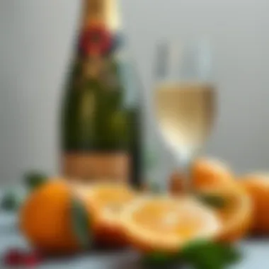 Fresh Ingredients for Mimosas Close-up of fresh oranges and a champagne bottle for mimosas