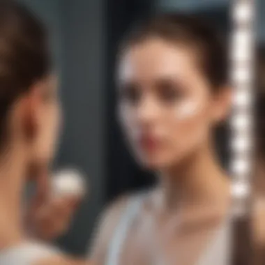 Effective Application Techniques Woman applying facial cream in front of a mirror with a serene expression.