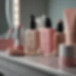 Close-up of acne-friendly makeup products on a vanity