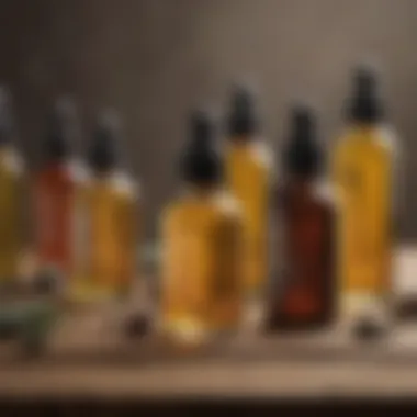 An assortment of natural oils on a wooden surface