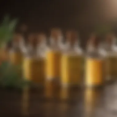Assorted natural oils in small containers, promoting scalp health