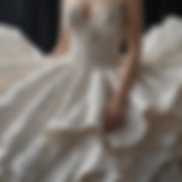 A close-up view of luxurious fabric layers used in a contemporary big wedding gown.