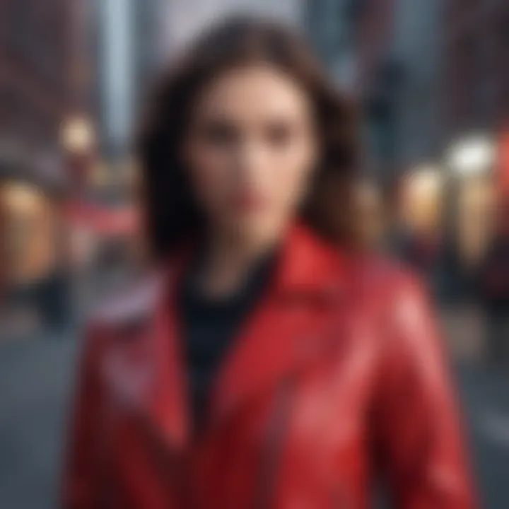 A woman modeling a chic red leather jacket against an urban backdrop.