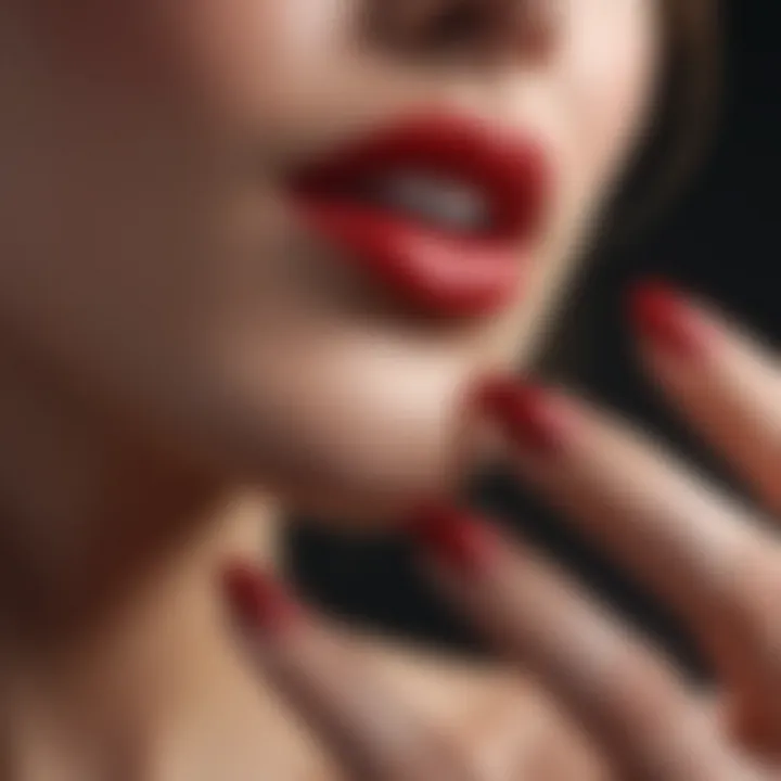 Close-up of sparkling red nails in a sophisticated setting