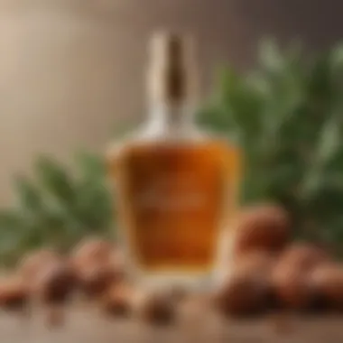 A luxurious bottle of argan oil surrounded by argan nuts and leaves