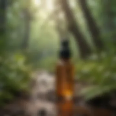 A close-up of a vibrant essential oil bottle surrounded by natural elements